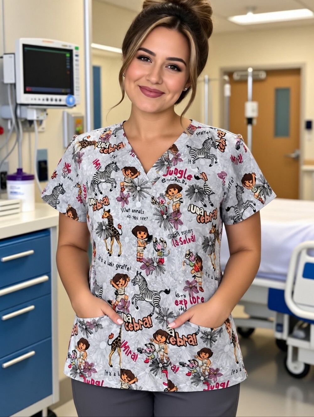 Nickelodeon Dora the Explorer Zoo Animals Jungle Theme Scrub Top Grey